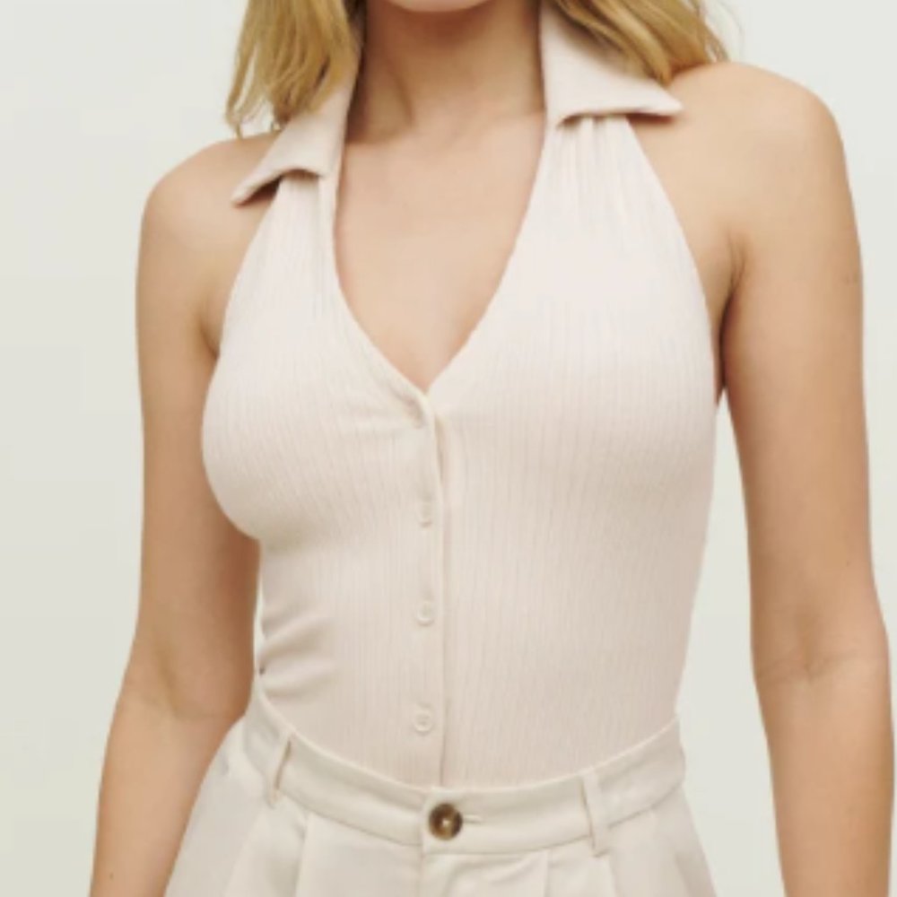 NWT Reformation Bryleigh Knit Top: Cream-Colored Collared Halter Top